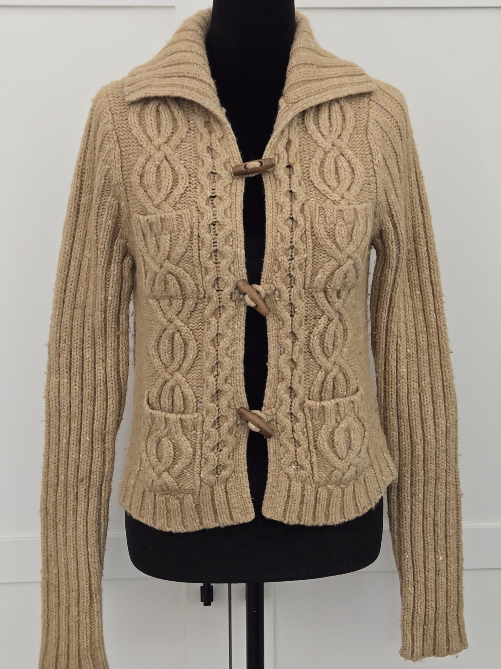 VTG Abercrombie & Fitch Womens Camel Cable Knit Toggle Cardigan Sweater Large